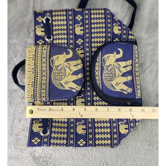 Thai Backpack Womens Blue Gold Indie Elephant Pattern Lightweight Drawstring